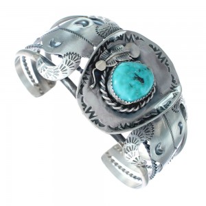 Authentic Sterling Silver Navajo Cow Skull Turquoise Cuff Bracelet AX123864