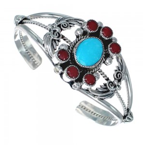 Sterling Silver Turquoise Coral Leaf Navajo Cuff Bracelet AX123860