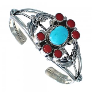 Sterling Silver Turquoise Coral Leaf Navajo Cuff Bracelet AX123862