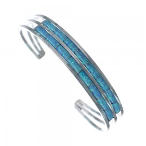 American Indian Genuine Sterling Silver Blue Opal Cuff Bracelet AX123901