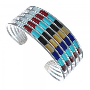 Multicolor Inlay Genuine Sterling Silver Zuni Cuff Bracelet JX123916