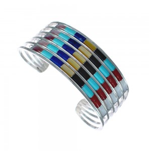 Native American Zuni Multicolor Inlay Genuine Sterling Silver Cuff Bracelet JX123917