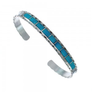 Native American Navajo Sterling Silver Turquoise Inlay Cuff Bracelet JX123935