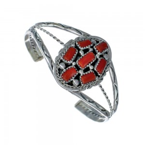 Native American Navajo Sterling Silver And Coral Cuff Bracelet JX123919