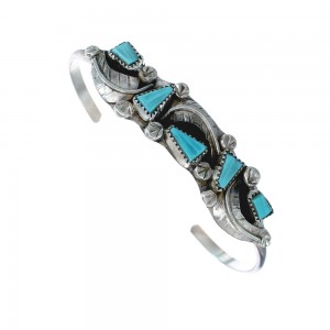 Native American Zuni Genuine Sterling Silver Turquoise Leaf Cuff Bracelet JX123923