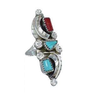 Native American Zuni Turquoise And Coral Leaf Ring Size 6-1/4 JX124118