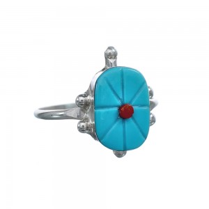 Native American Turquoise Coral Sterling Silver Turtle Ring Size 7-1/4 JX124162