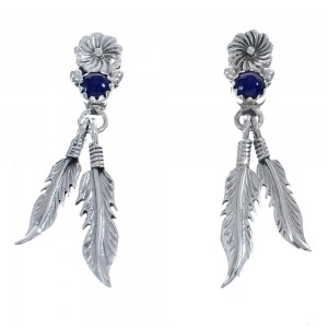 Native American Navajo Sterling Silver Lapis Feather Post Dangle Earrings AX124282