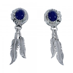 Native American Sterling Silver Lapis Feather Post Dangle Earrings AX124194