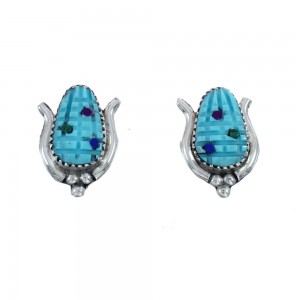 Native American Zuni Multicolor Inlay Sterling Silver Corn Post Earrings JX124256