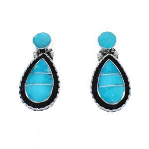 Native American Zuni Turquoise Tear Drop Sterling Silver Inlay Post Earrings JX124235