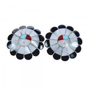 Native American Zuni Sterling Silver Multicolor Inlay Sun Post Earrings JX124221