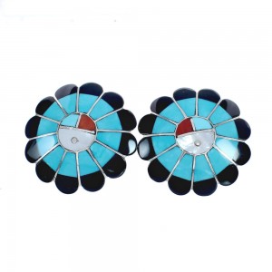 Native American Zuni Sterling Silver Multicolor Inlay Sun Post Earrings JX124222