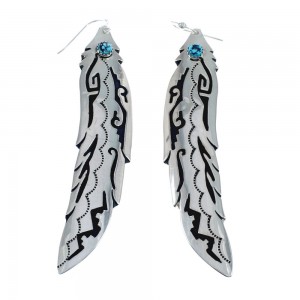Navajo Sterling Silver And Turquoise Feather Hook Dangle Earrings JX124277