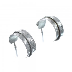 Native American Feather Turquoise Genuine Sterling Silver Post Hoop Earrings JX124378
