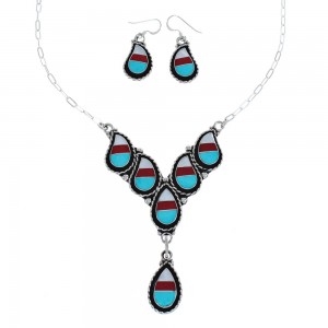 Native American Zuni Multicolor Authentic Sterling Silver Necklace Set AX124658