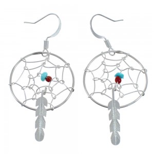 Sterling Silver Turquoise Coral Dream Catcher Feather Navajo Hook Dangle Earrings AX124530