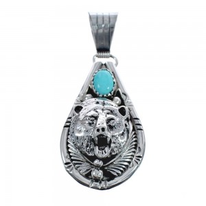 Native American Navajo Turquoise Bear Sterling Silver Pendant AX124548