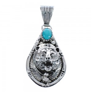 Native American Navajo Turquoise Bear Sterling Silver Pendant AX124550
