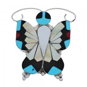 Native American Zuni Multicolor Sterling Silver Butterfly Pin Pendant JX124416