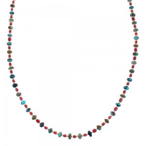 Native American Navajo Turquoise and Coral Bead Sterling Silver Necklace JX124567