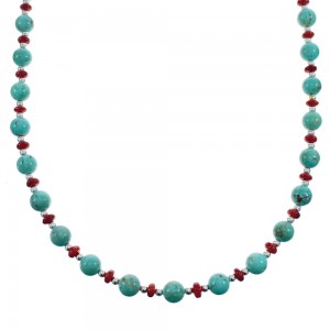 Southwestern Turquoise and Coral Sterling Silver Bead Necklace JX124635