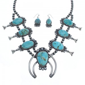 Turquoise Sterling Silver Navajo Naja Squash Blossom Necklace And Earrings Set AX124768