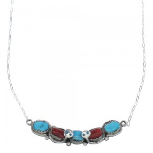 Turquoise And Coral Sterling Silver Zuni Effie Calavaza Snake Necklace AX124754