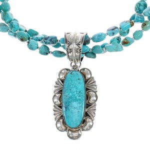 Native American Kingman Turquoise 3-Strand Sterling Silver Bead Necklace Pendant Set AX124774