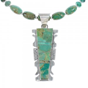Native American Kingman Turquoise Inlay And Sterling Silver Bead Necklace And Pendant Set AX124775