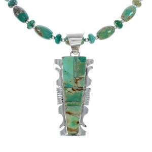 Native American Kingman Turquoise Inlay And Sterling Silver Navajo Bead Necklace And Pendant Set AX124778