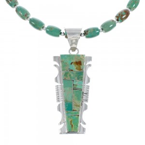 Native American Kingman Turquoise Inlay And Sterling Silver Navajo Bead Necklace And Pendant Set AX124780