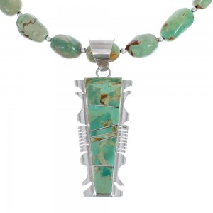 Native American Kingman Turquoise Inlay And Sterling Silver Navajo Bead Necklace And Pendant Set AX124782