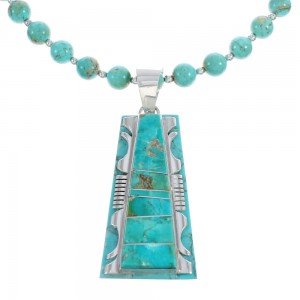 Native American Kingman Turquoise Inlay And Sterling Silver Navajo Bead Necklace And Pendant Set AX124788