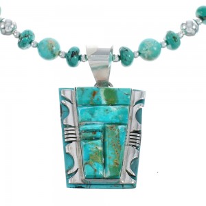 Native American Kingman Turquoise Cobble Inlay And Sterling Silver Navajo Bead Necklace Set AX124789