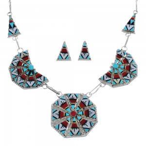 Native American Zuni Sterling Silver Multicolor Earrings And Link Necklace Set AX124798