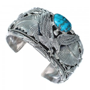 Turquoise Navajo Authentic Sterling Silver Eagle Leaf Cuff Bracelet AX124828