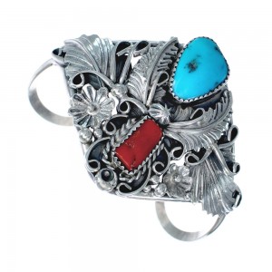 Native American Turquoise Coral Scalloped Leaf Sterling Silver Cuff Bracelet AX124850