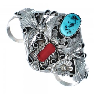 Native American Turquoise Coral Scalloped Leaf Sterling Silver Cuff Bracelet AX124851