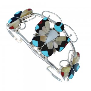 Sterling Silver Multicolor Butterfly Native American Zuni Cuff Bracelet AX124810