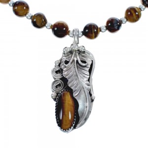 Native American Tiger Eye And Sterling Silver Pendant Bead Necklace JX125429