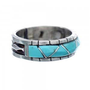 Turquoise Inlay Zuni Sterling Silver Ring Size 7-1/4 AX124934