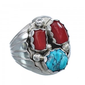 Genuine Sterling Silver Turquoise Coral Navajo Ring Size 10-1/2 AX124913