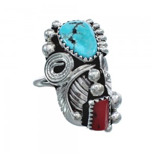 Authentic Sterling Silver Navajo Turquoise Coral Leaf Design Ring Size 7-1/4 AX124933