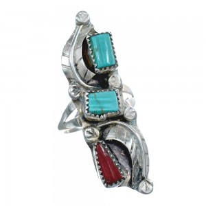 Sterling Silver Zuni Turquoise Coral Leaf Design Ring Size 6-1/2 AX125026