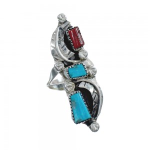 Sterling Silver Zuni Turquoise Coral Leaf Design Ring Size 6-3/4 AX125029