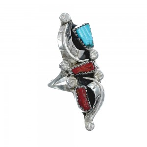 Sterling Silver Zuni Turquoise Coral Leaf Design Ring Size 7 AX125031