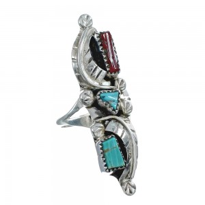 Sterling Silver Zuni Turquoise Coral Leaf Design Ring Size 6-3/4 AX125034