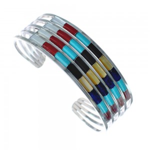 Multicolor Inlay Genuine Sterling Silver Zuni Cuff Bracelet JX124982
