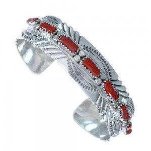 Native American Navajo Coral Sterling Silver Cuff Bracelet JX124993